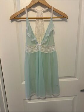 Betsey Johnson Mint Lace Racerback Sheer Chemise slip. Racerback.Blueish green.